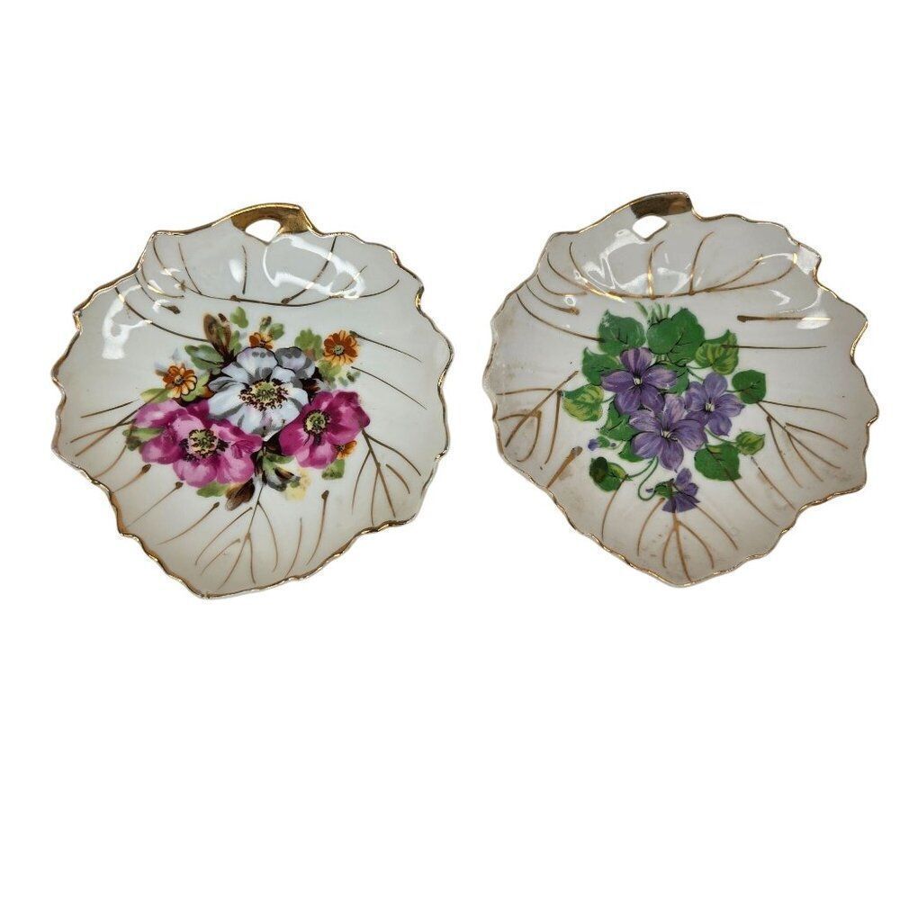 Vintage Napco Leaf Porcelain Trinket Dishes Floral Hand-Painted Gold Trim